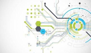 Pleksus etkisi olan soyut bir arkaplan. Çember şeklinde oluşmuş teknik elementlerin kullanımıyla bilimsel ve teknolojik kavram.