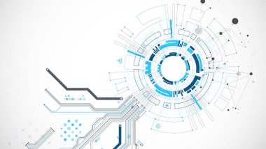 Pleksus etkisi olan soyut bir arkaplan. Daire şeklinde oluşmuş teknik elementlerin kullanımıyla ilgili bilimsel ve teknolojik kavram. Vektör