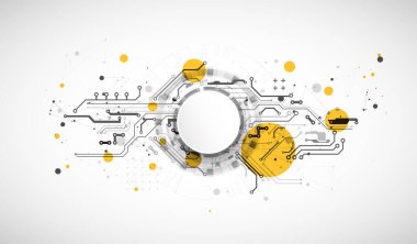 Soyut arkaplan. Daire şeklinde oluşmuş teknik elementlerin kullanımıyla ilgili bilimsel ve teknolojik kavram. Vektör