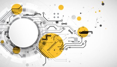 Soyut arkaplan. Daire şeklinde oluşmuş teknik elementlerin kullanımıyla ilgili bilimsel ve teknolojik kavram. Vektör