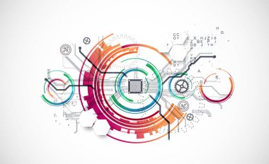 Soyut arkaplan. Daire şeklinde oluşmuş teknik elementlerin kullanımıyla ilgili bilimsel ve teknolojik kavram. Vektör