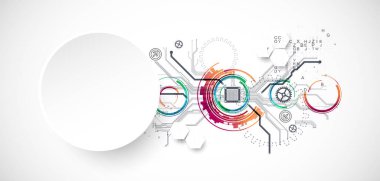 Soyut arkaplan. Daire şeklinde oluşmuş teknik elementlerin kullanımıyla ilgili bilimsel ve teknolojik kavram. Vektör