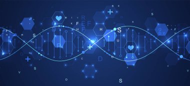 Parlayan neon DNA zinciri. Biyoteknoloji, biyokimya, bilim, tıp konsepti. Genetik engenetikleme şablonu.