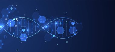 Parlayan neon DNA zinciri. Biyoteknoloji, biyokimya, bilim, tıp konsepti. Genetik engenetikleme şablonu.
