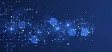 Pleksus etkisi ve tasarım için harfleri olan soyut altıgen arkaplan. Vektör