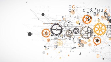 Harfleri, dişlileri ve pleksus etkisi olan soyut teknolojik arka plan. Vektör