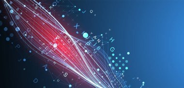 Harflerle ve pleksus etkisiyle soyut dalgalanan çizgiler. Teknoloji, bilim ve modern konsept için tasarım öğesi.