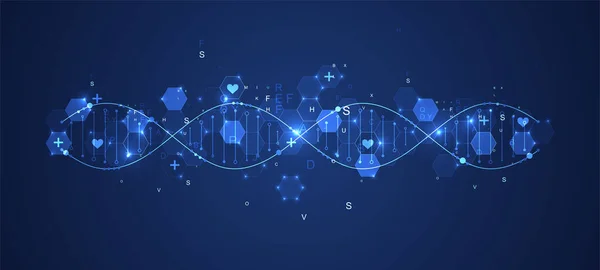 ネオンのDna鎖が光る 生物工学生化学科学医学の概念 遺伝子工学テンプレート — ストックベクタ
