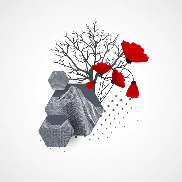 Conceptul Artă Munții Abstracți Formează Silueta Unui Copac Flori Roșii — Vector de stoc