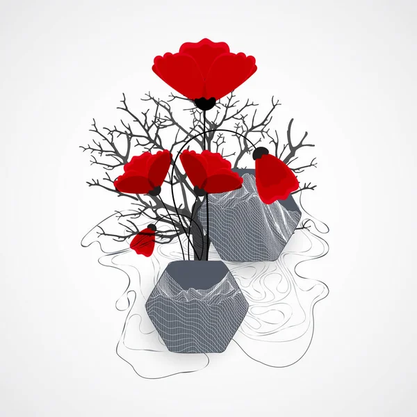 Sanat Konsepti Soyut Dağlar Ağaç Silueti Kırmızı Gelincik Çiçekleri Ile — Stok Vektör