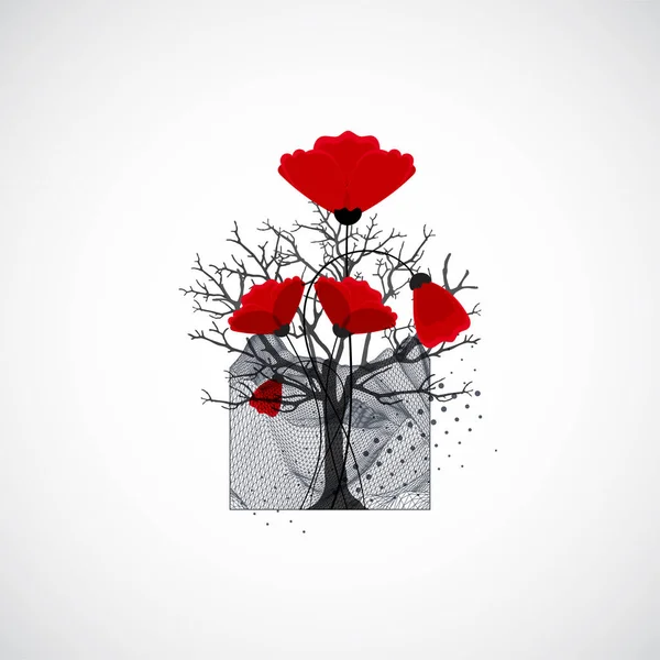 アートコンセプト 木のシルエットと赤いケシの花を持つ抽象的な山の形 — ストックベクタ
