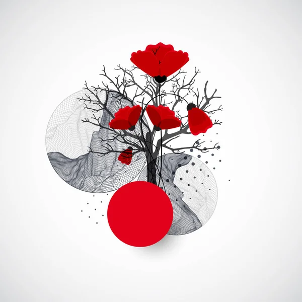 Taidekäsite Abstrakti Vuoret Muodostaa Siluetti Puun Punainen Unikko Kukkia — vektorikuva