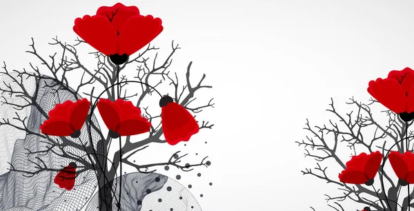 Koncepcja Sztuki Abstrakcyjne Formy Gór Sylwetką Drzewa Czerwonych Kwiatów Maku — Wektor stockowy