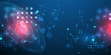 Bilim ve teknoloji sunumu için şablon. Tel çerçeve dalgaları. Pleksus biçimi arkaplanı.