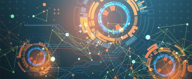 Pleksus etkisi olan soyut bir arkaplan. Çember şeklinde oluşmuş teknik elementlerin kullanımıyla bilimsel ve teknolojik kavram.