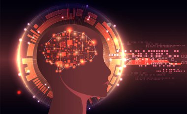 Yapay Zeka. Silüeti olan bir adamın teknik geçmişi. Büyük veri konsepti. Makine siber zihin. Vektör