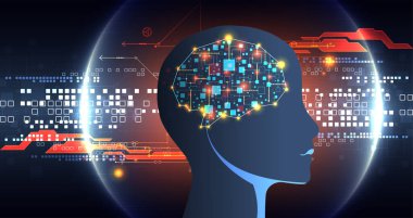 Yapay Zeka. Silüeti olan bir adamın teknik geçmişi. Büyük veri konsepti. Makine siber zihin. Vektör