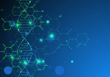 Bilim şablonu, duvar kağıdı ya da DNA moleküllü pankart. Vektör illüstrasyonu.