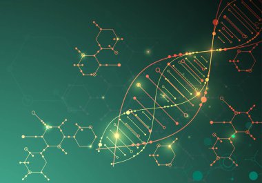 Bilim şablonu, duvar kağıdı ya da DNA moleküllü pankart. Vektör illüstrasyonu.