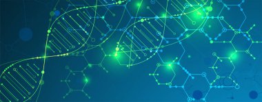 Bilim şablonu, duvar kağıdı ya da DNA moleküllü pankart. Vektör illüstrasyonu.