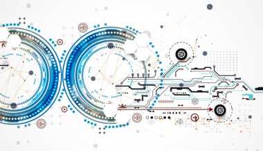 Pleksus etkisi olan soyut bir arkaplan. Daire şeklinde oluşmuş teknik elementlerin kullanımıyla ilgili bilimsel ve teknolojik kavram. Vektör