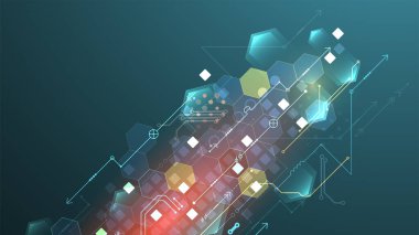 Soyut devre kartı ve gradyan renk arkaplanındaki altıgenler. Yüksek teknoloji dijital teknoloji konsepti. Vektör
