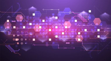 Soyut devre kartı ve gradyan renk arkaplanındaki altıgenler. Yüksek teknoloji dijital teknoloji konsepti. Vektör