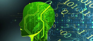 Yapay Zeka. Teknik arka plan ve robot kafası silueti. Büyük veri konsepti. Makine siber zihin. El çizimi vektör.