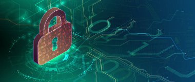 Siber savunma projesi. Dijital arka planda asma kilit. El çizimi. Vektör.