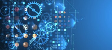 Mavi eğimli arka planda dişli tekerlek teknolojisi modeli. El çizimi vektör.