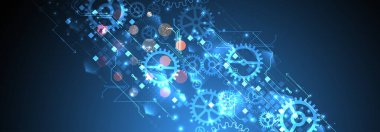 Mavi eğimli arka planda dişli tekerlek teknolojisi modeli. El çizimi vektör.