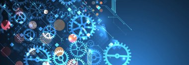 Mavi eğimli arka planda dişli tekerlek teknolojisi modeli. El çizimi vektör.