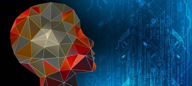 Yapay zeka, yapay zeka. Robot konsepti. Çokgenden yapılmış insan yüzü. El çizimi vektör illüstrasyonu.