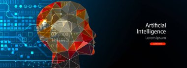 Yapay zeka, yapay zeka. Robot konsepti. Çokgenden yapılmış insan yüzü. El çizimi vektör illüstrasyonu.