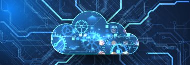 Bulut hesaplama kavramı. Soyut bağlantı teknolojisi geçmişi. El çizimi vektör.