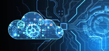 Bulut hesaplama kavramı. Soyut bağlantı teknolojisi geçmişi. El çizimi vektör.