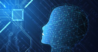 Yapay Zeka. Silüeti olan bir adamın teknik geçmişi. Büyük veri konsepti. Makine siber zihni.