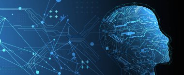 Yapay Zeka. Silüeti olan bir adamın teknik geçmişi. Büyük veri konsepti. Makine siber zihni.