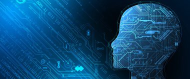 Yapay Zeka. Silüeti olan bir adamın teknik geçmişi. Büyük veri konsepti. Makine siber zihni.