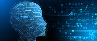 Yapay Zeka. Silüeti olan bir adamın teknik geçmişi. Büyük veri konsepti. Makine siber zihni.