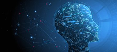 Yapay Zeka. Silüeti olan bir adamın teknik geçmişi. Büyük veri konsepti. Makine siber zihni.