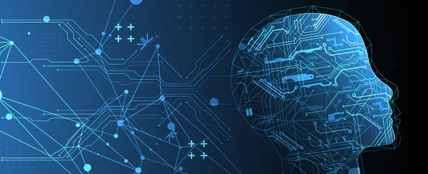 Yapay Zeka. Silüeti olan bir adamın teknik geçmişi. Büyük veri konsepti. Makine siber zihni.