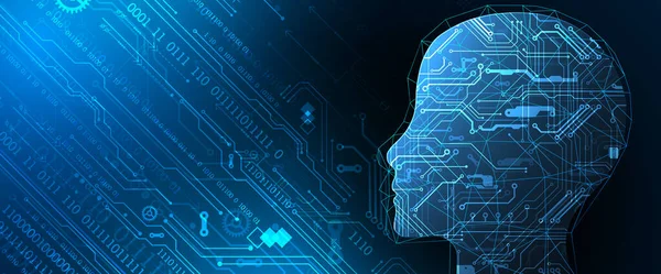 Yapay Zeka. Silüeti olan bir adamın teknik geçmişi. Büyük veri konsepti. Makine siber zihni.