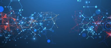 Bilimsel ve teknolojik bir temanın soyut arka planı. Koyu mavi arkaplandaki altıgenlerin bir görüntüsü. Renkli pleksus etkisi. El çizimi vektör.