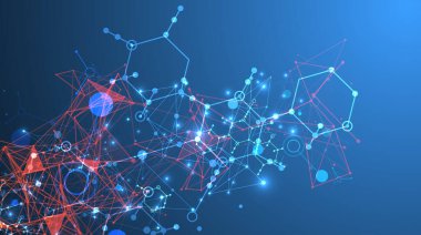 Bilimsel ve teknolojik bir temanın soyut arka planı. Koyu mavi arkaplandaki altıgenlerin bir görüntüsü. Renkli pleksus etkisi. El çizimi vektör.