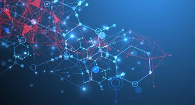 Bilimsel ve teknolojik bir temanın soyut arka planı. Koyu mavi arkaplandaki altıgenlerin bir görüntüsü. Renkli pleksus etkisi. El çizimi vektör.