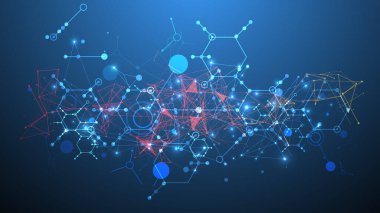 Bilimsel ve teknolojik bir temanın soyut arka planı. Koyu mavi arkaplandaki altıgenlerin bir görüntüsü. Renkli pleksus etkisi. El çizimi vektör.