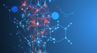 Bilimsel ve teknolojik bir temanın soyut arka planı. Koyu mavi arkaplandaki altıgenlerin bir görüntüsü. Renkli pleksus etkisi. El çizimi vektör.