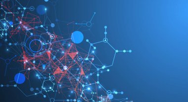 Bilimsel ve teknolojik bir temanın soyut arka planı. Koyu mavi arkaplandaki altıgenlerin bir görüntüsü. Renkli pleksus etkisi. El çizimi vektör.