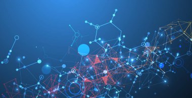 Bilimsel ve teknolojik bir temanın soyut arka planı. Koyu mavi arkaplandaki altıgenlerin bir görüntüsü. Renkli pleksus etkisi. El çizimi vektör.